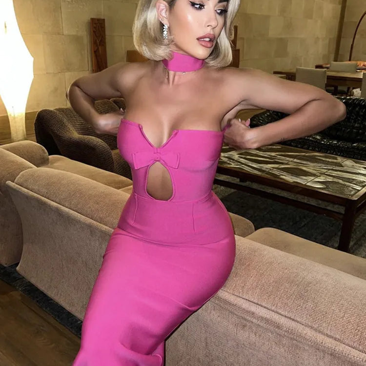 Vestido de verão sexy sem alças, sem costas, gravata borboleta, rosa choque, preto, tornozelo, feminino, bodycon, bandagem, elegante, vestido de festa para noite