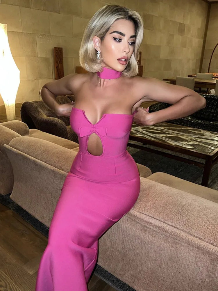 Vestido de verão sexy sem alças, sem costas, gravata borboleta, rosa choque, preto, tornozelo, feminino, bodycon, bandagem, elegante, vestido de festa para noite