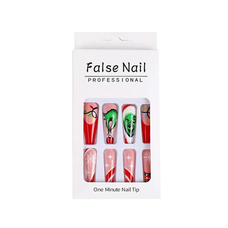 3D fake nails for Christmas party long french coffin tips snowflake christmas tree faux ongles press on acrylic false nail set 822 with box