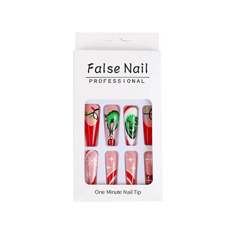 3D fake nails for Christmas party long french coffin tips snowflake christmas tree faux ongles press on acrylic false nail set 822 with box