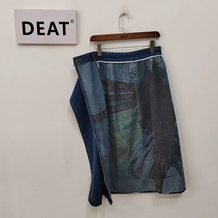 DEAT Fashion Women's Denim Skirt Double-sided Irregular Print Washed Zip Spliced Mid-calf Cotton Skirts Autumn New 7AB224 Color