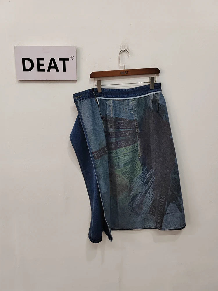 DEAT Fashion Women's Denim Skirt Double-sided Irregular Print Washed Zip Spliced Mid-calf Cotton Skirts Autumn New 7AB224 Color