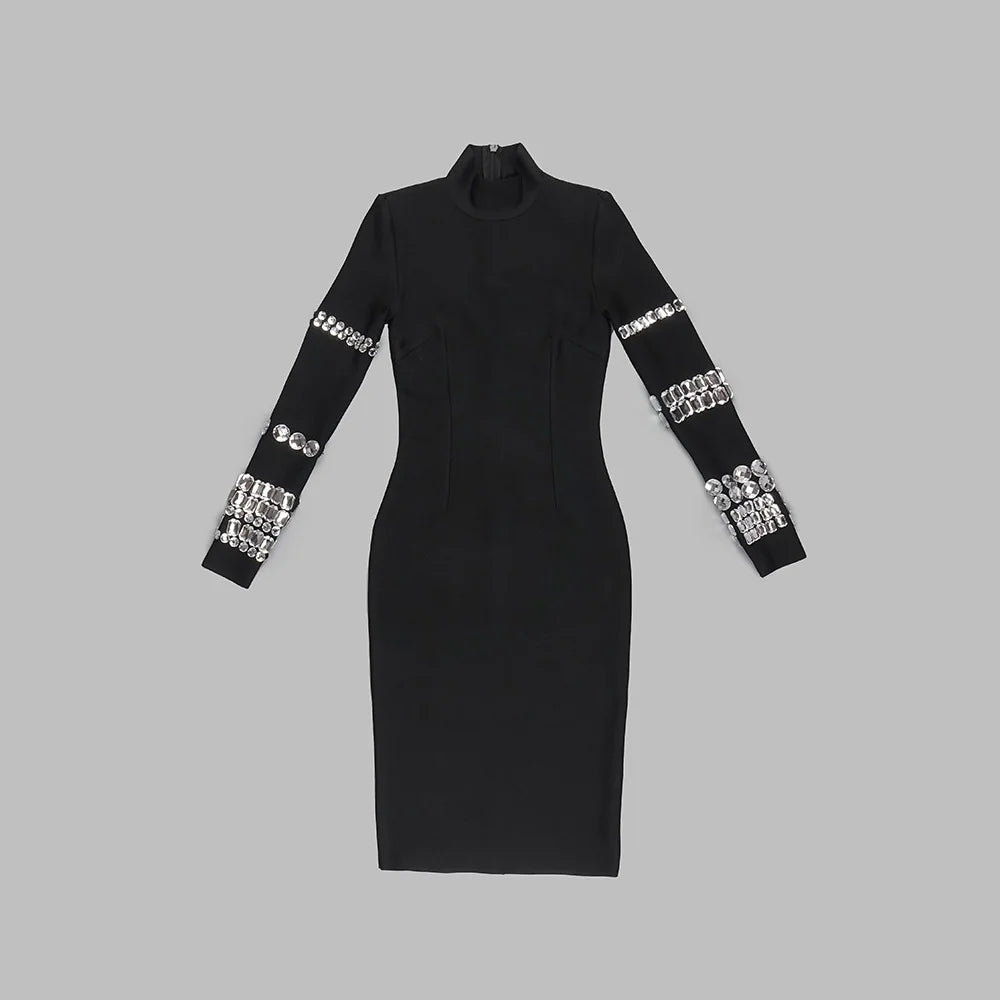 Elegant Women'S Luxury Long Sleeve Diamond Sexy Black Bandage Dress Vestidos Para Mujer Evening Party Prom New In Dresses Robe Black