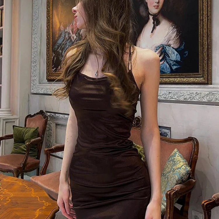 Satin Spaghetti Strap Elegant Draped Mini Dress Y2k Sexy Women Backless Bandage Sleeveless Club Dresses Bodycon Clothes Vestido