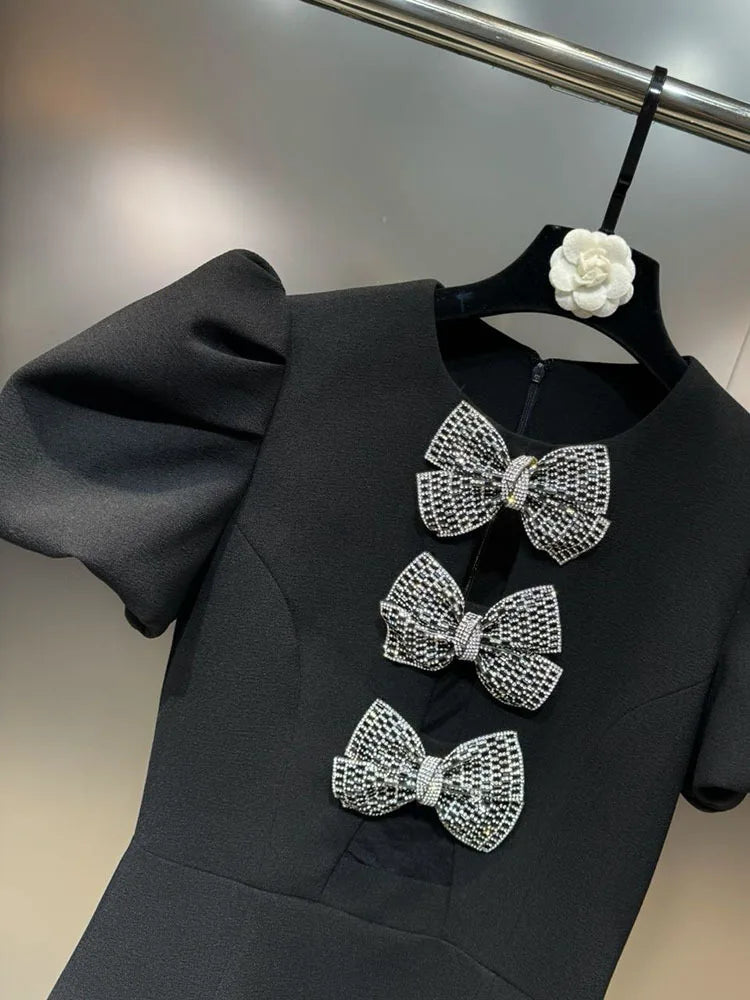 DEAT Fashion New Items Women's Diamonds Bows Hollow Out Spring Trendy Round Neck Puff Sleeves Dresses Female 11XX8796