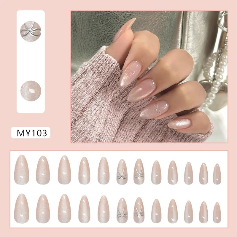 24pcs Shiny Green Cat Eye False Nails Cute Seal Print Fake Nails Tips Wearable Reusable Glossy Short Round Press on Nails