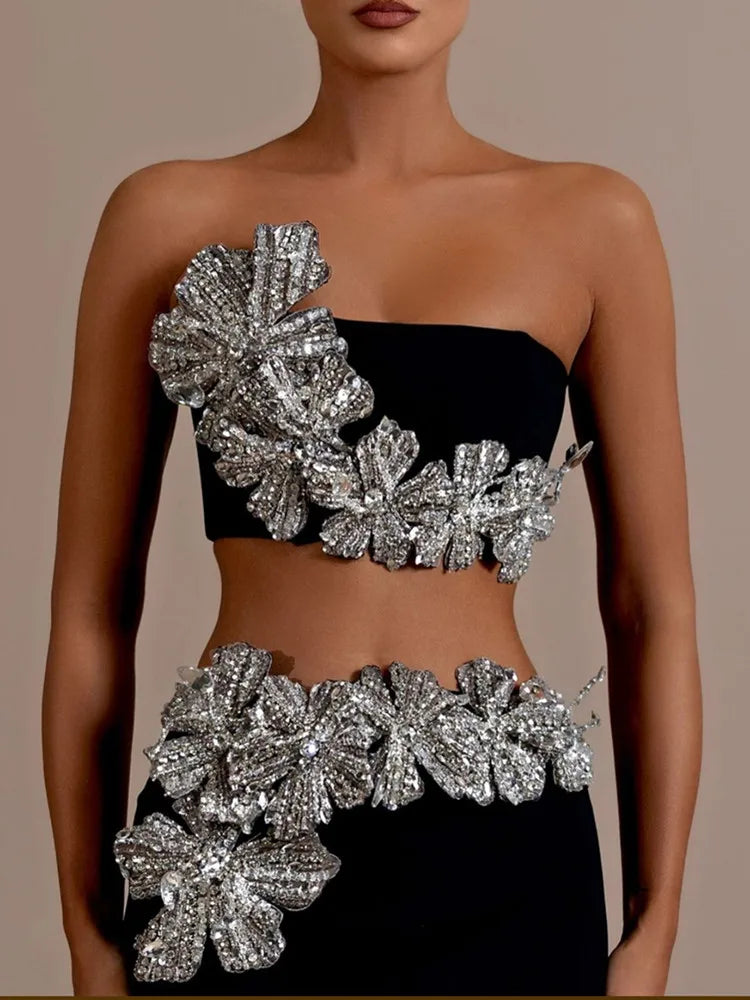 Conjunto feminino sexy sem alças com flor diamantes cristal preto maxi saia longa bandagem malha elegante roupa de festa para clube à noite