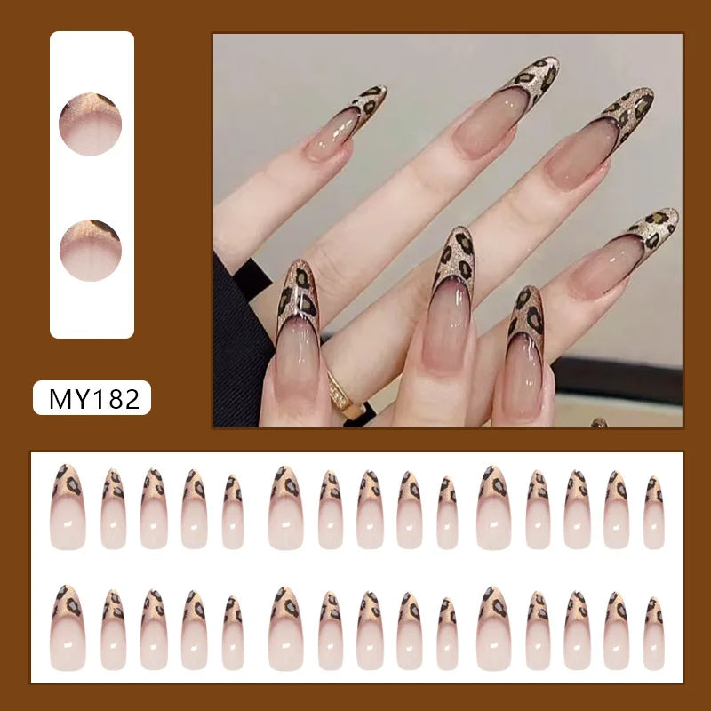 24pcs French Cat Eye Leopard Print Press on Nails Simple Short Nails Full Cover Wearable False Nails