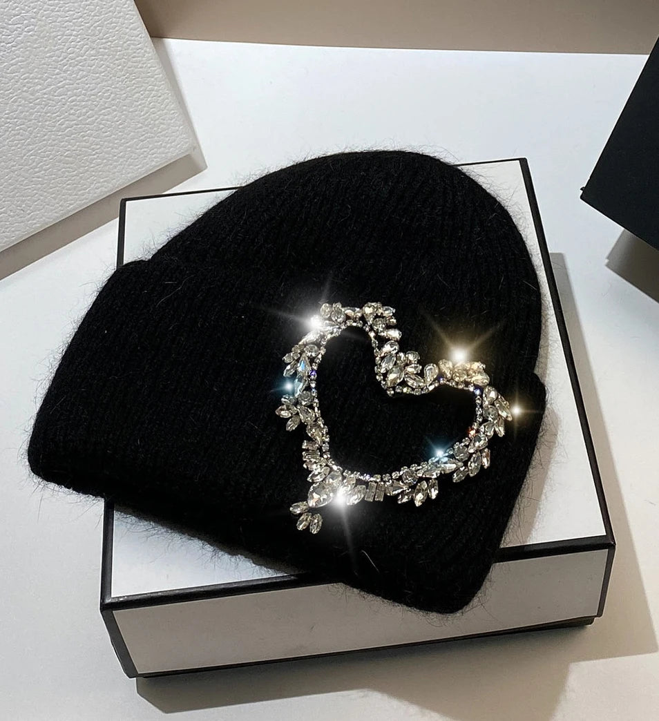Luxury Heart Rhinestone Winter Beanies Women Solid Color Real Rabbit Fur Knitted Hat Lady Fashion Warm Pullover Caps Gifts black Adult
