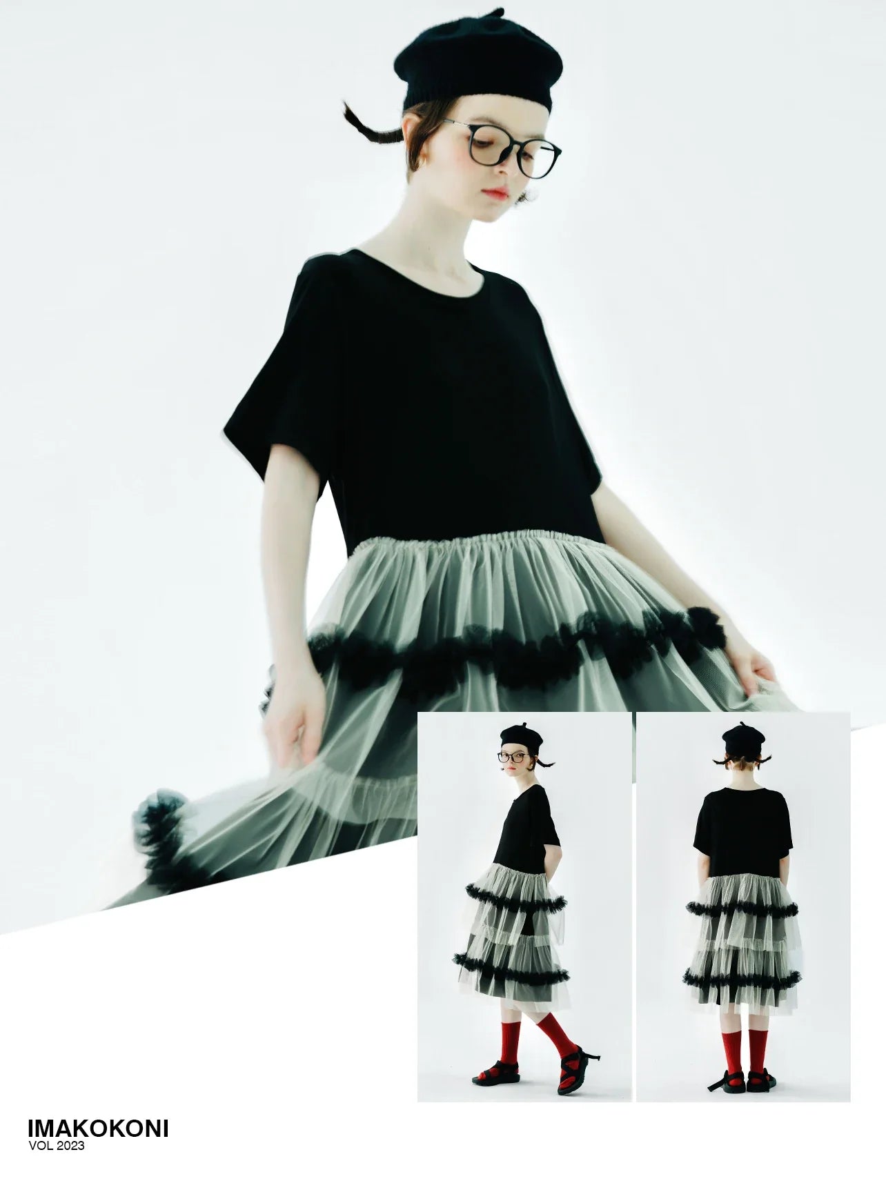 IMAKOKONI Original Design Black Short Sleeve Dress Mesh Splice Casual Loose Fit Dress 234147