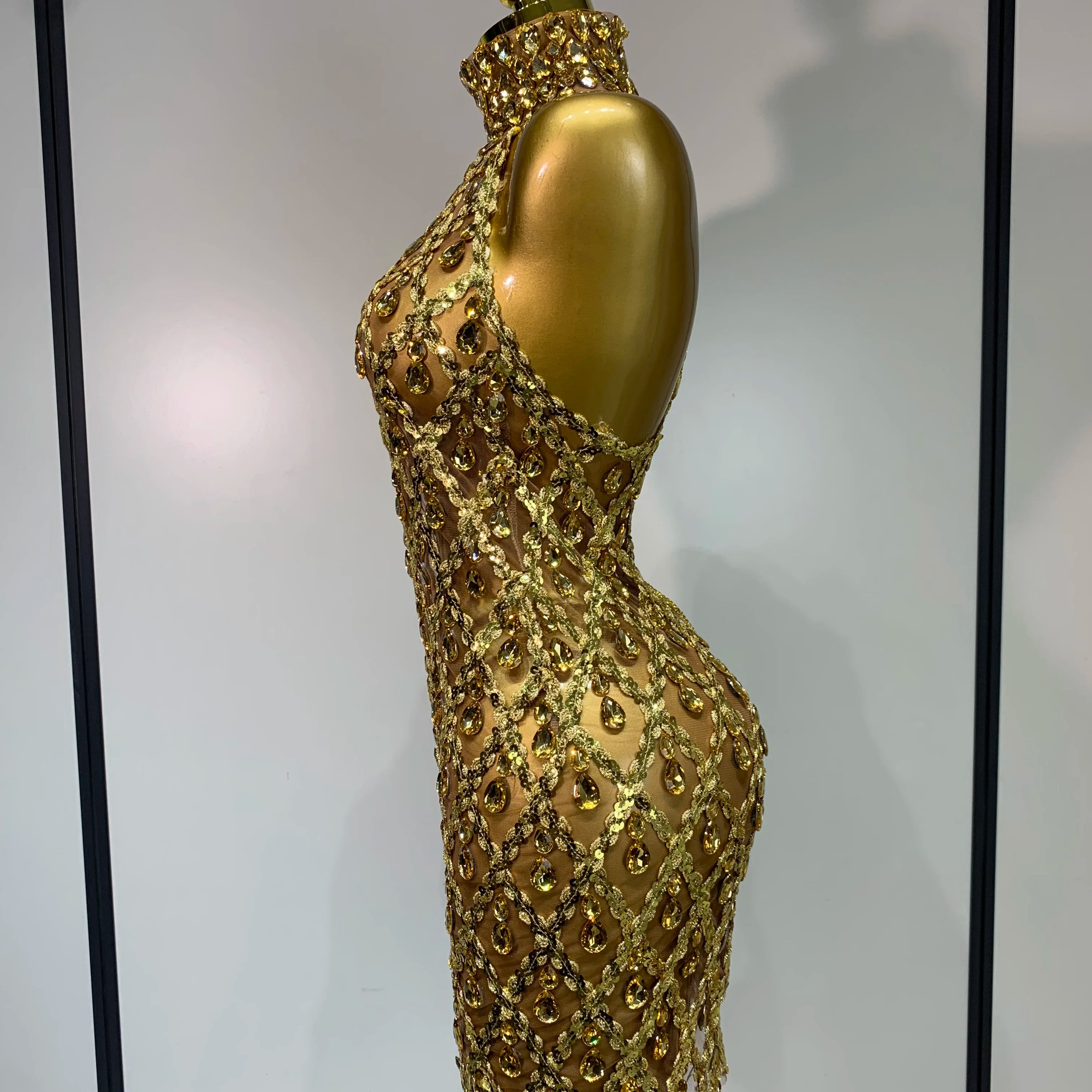 Women Sexy Stage Shining Rhinestone Sequins Dress Evening Prom Luxury Birthday Dress Transparent Performance Singer Club Dress