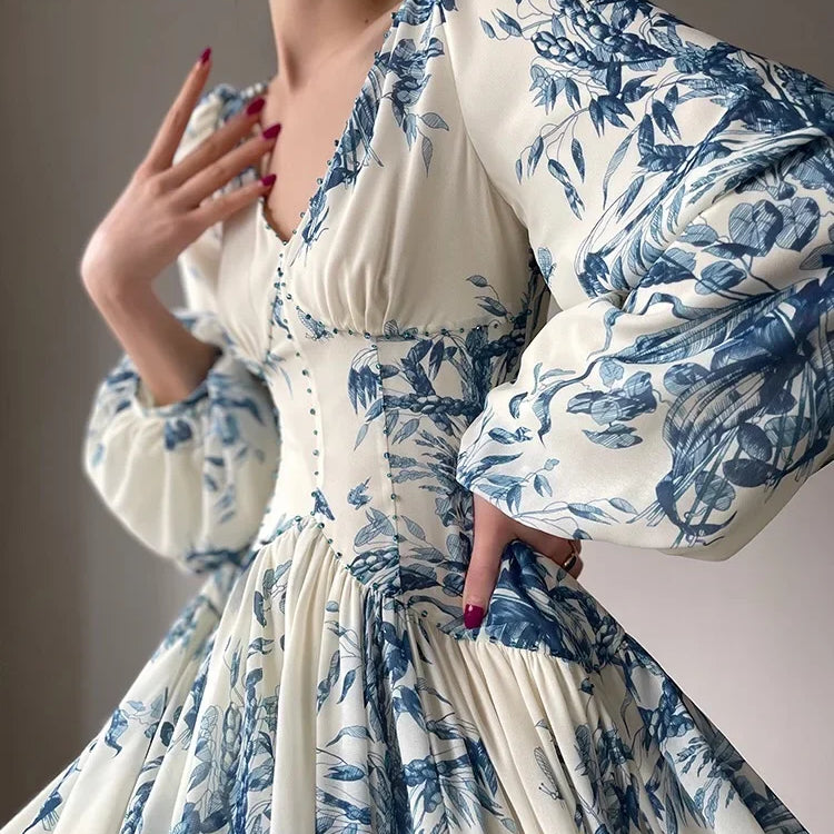 French Summer Midi Fashion Floral Beading High Waist A Line Party Dresses Women Vintage Elegant Lantern Sleeve Chic Casual Dress