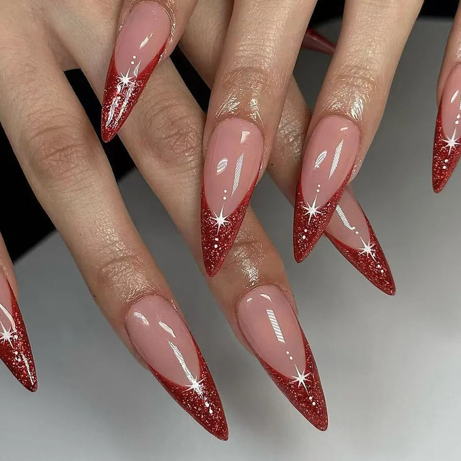 24Pcs Blue Cat Eye Y2k Fake Nails with Jelly Glue Long Almond False Nail Design Wearing Oval Press on Nails Tips for Spice Girls