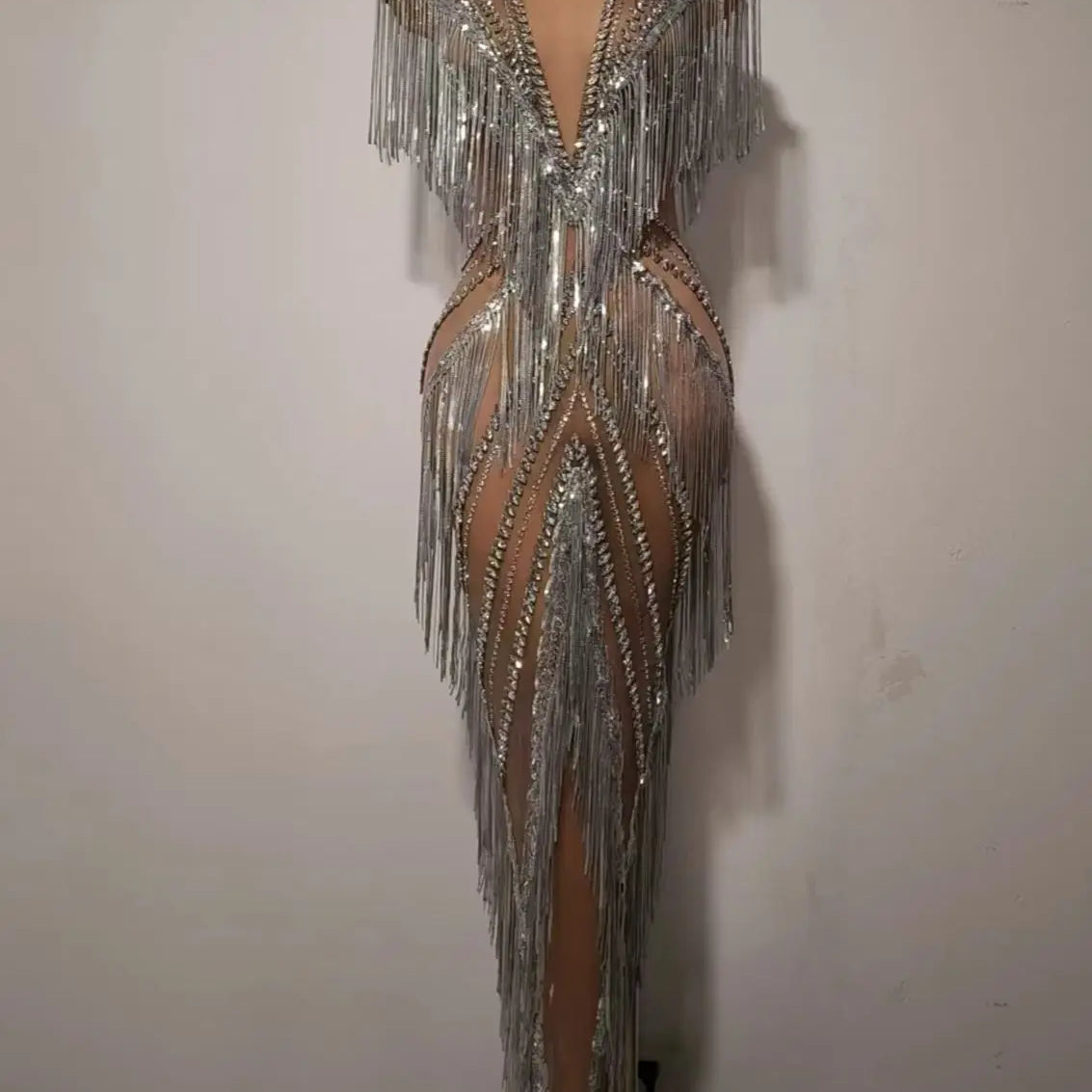 New Women Sexy Mesh Crystal Tassel Sparkly Maxi Dress See Through Gold Silver Party Singer Party Costume Stage Performance Dress