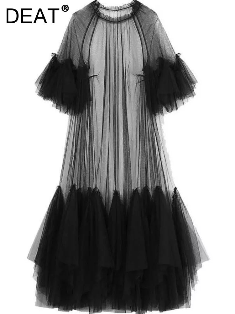DEAT Summer Women's Dress New Fashion Round Neck Loose Gauze Spliced Ruffles Sleeve Ankle-length Dresses Female JR77101