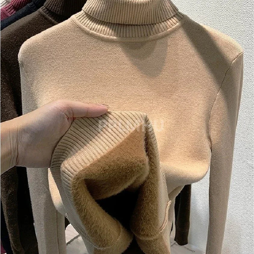 Warm Knit Pullover New Thicken Turtleneck Sweater For Winter Women Casual Slim Plush Lined Soft Long Sleeve Knitwear Jumper Tops basic oatmeal