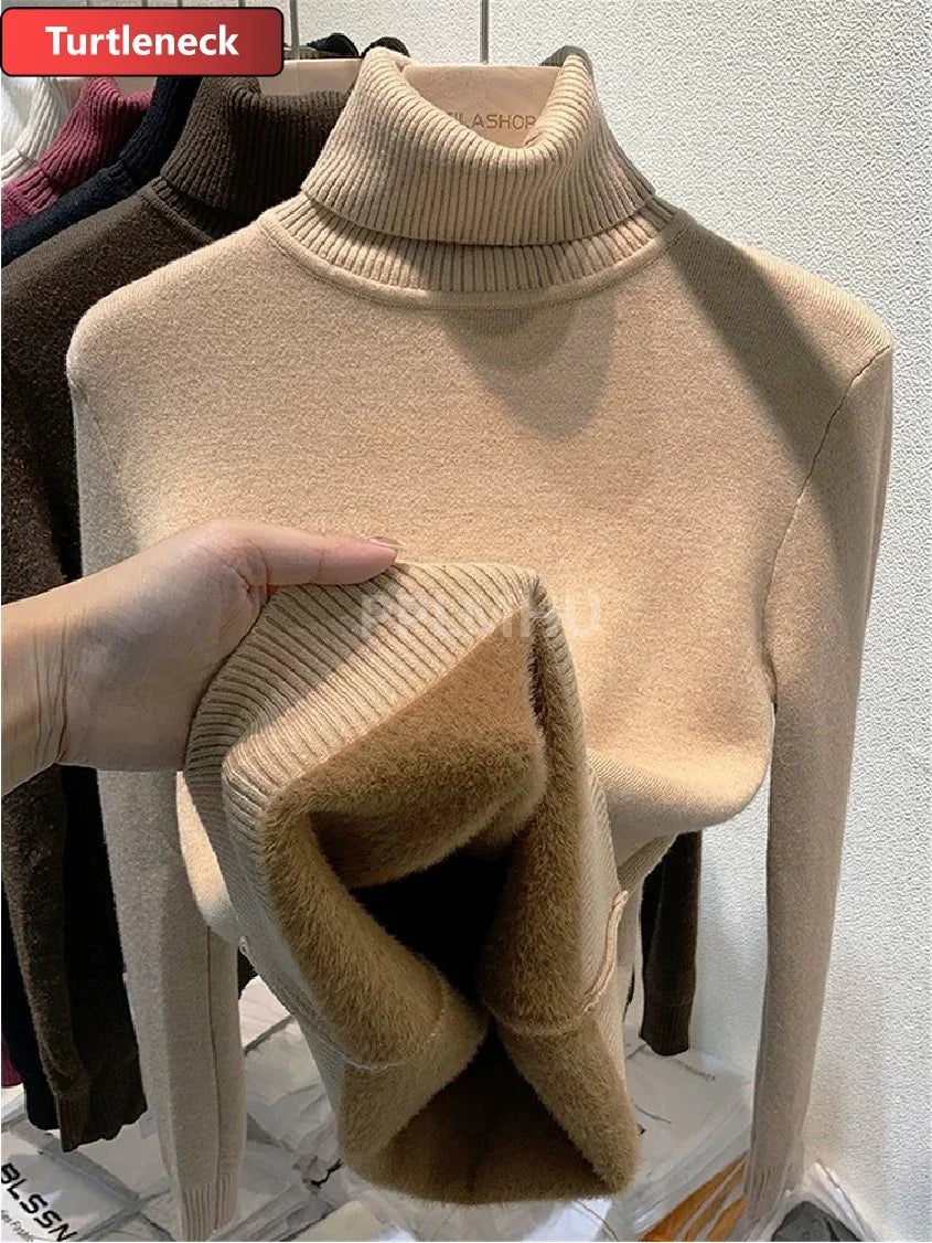 Warm Knit Pullover New Thicken Turtleneck Sweater For Winter Women Casual Slim Plush Lined Soft Long Sleeve Knitwear Jumper Tops basic oatmeal