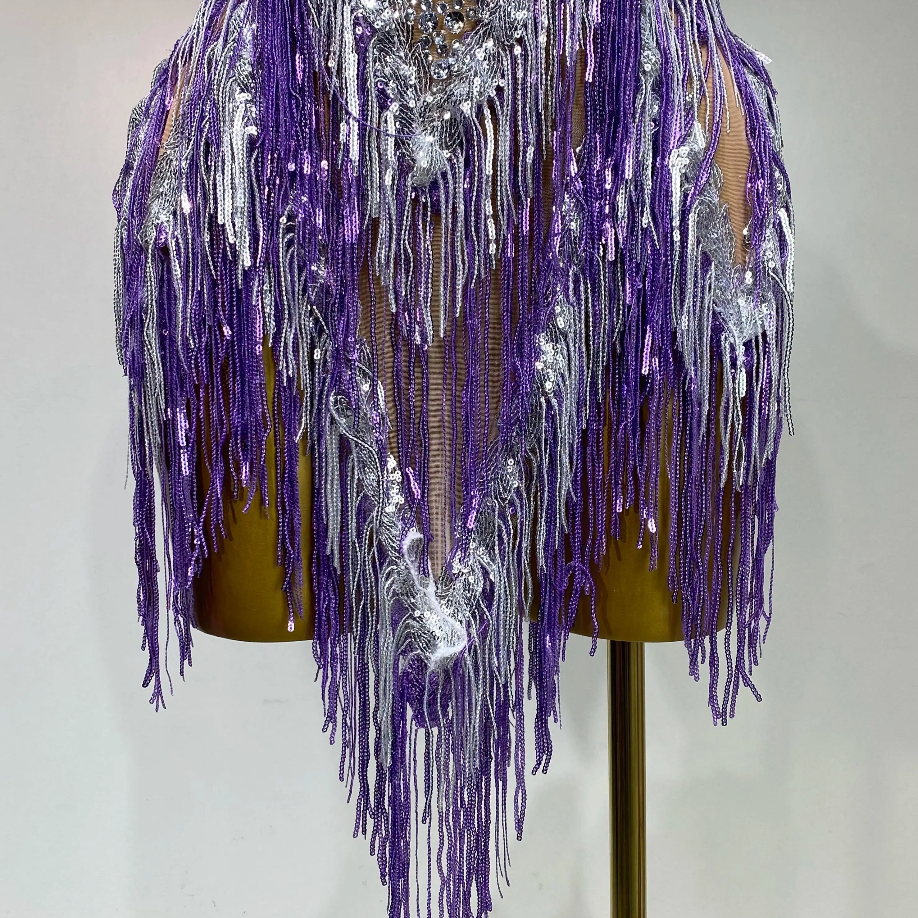 Luxury Rhinestone Tassel Sexy Women Short Latino Dance Dress Birthday Nightclub Bar Sleeveless Sparkly Performance Stage Outfit