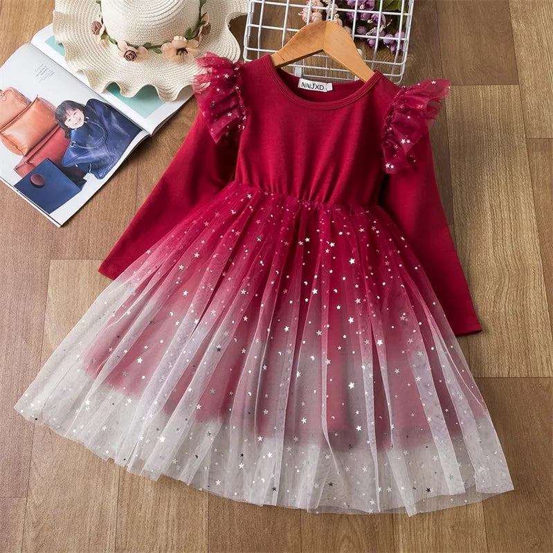 Elegant Flower Girls Dress Wedding Party Princess Dress Casual Kids Clothes Lace Long Sleeves Dress Children's Vestidos For 3-8T 220 red