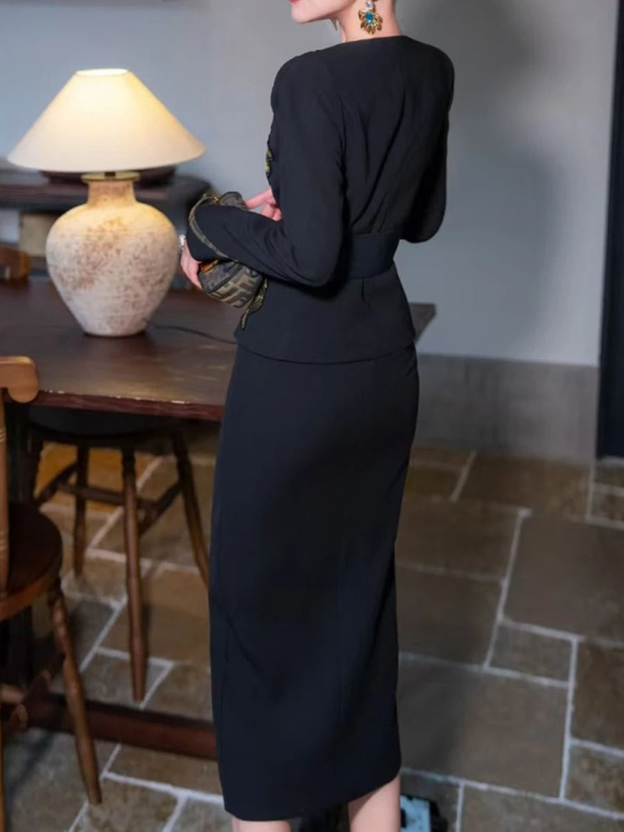 TWOTWINSTYLE Solid Spliced Appliques Two Piece Sets for Women V Neck Long Sleeve Top High Waist Split Skirts Elegant Set Female