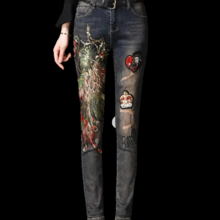Spring Jeans Women Autumn Winter Ins Fashion Female Embroidery Sequins Phoenix Holes Slim Denim Pants Girls Ladies Clothes