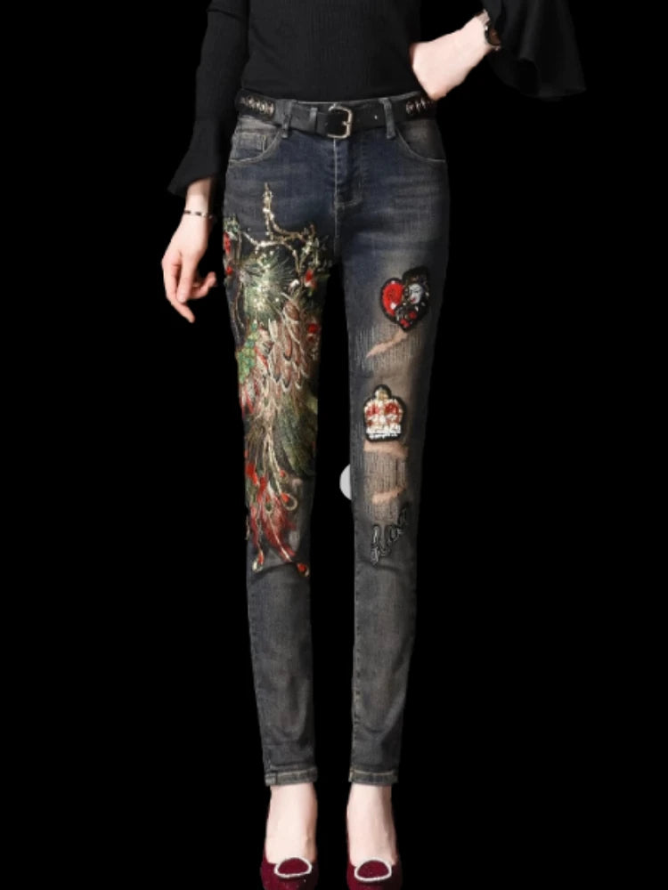Spring Jeans Women Autumn Winter Ins Fashion Female Embroidery Sequins Phoenix Holes Slim Denim Pants Girls Ladies Clothes