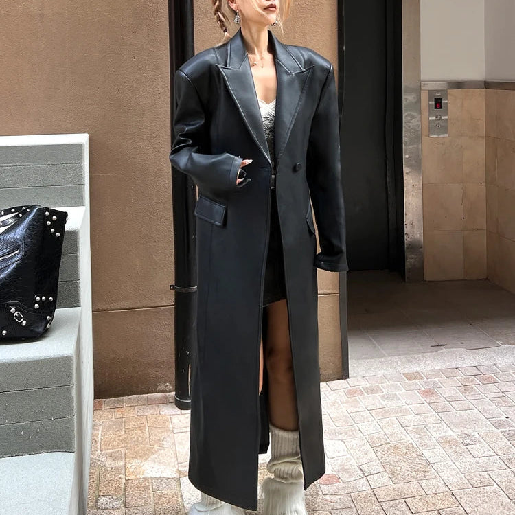 Spring Autumn Extra Long Black Loose Pu Leather Trench Coat for Women Shoulder Pads Double Breasted Faux Leather Blazer