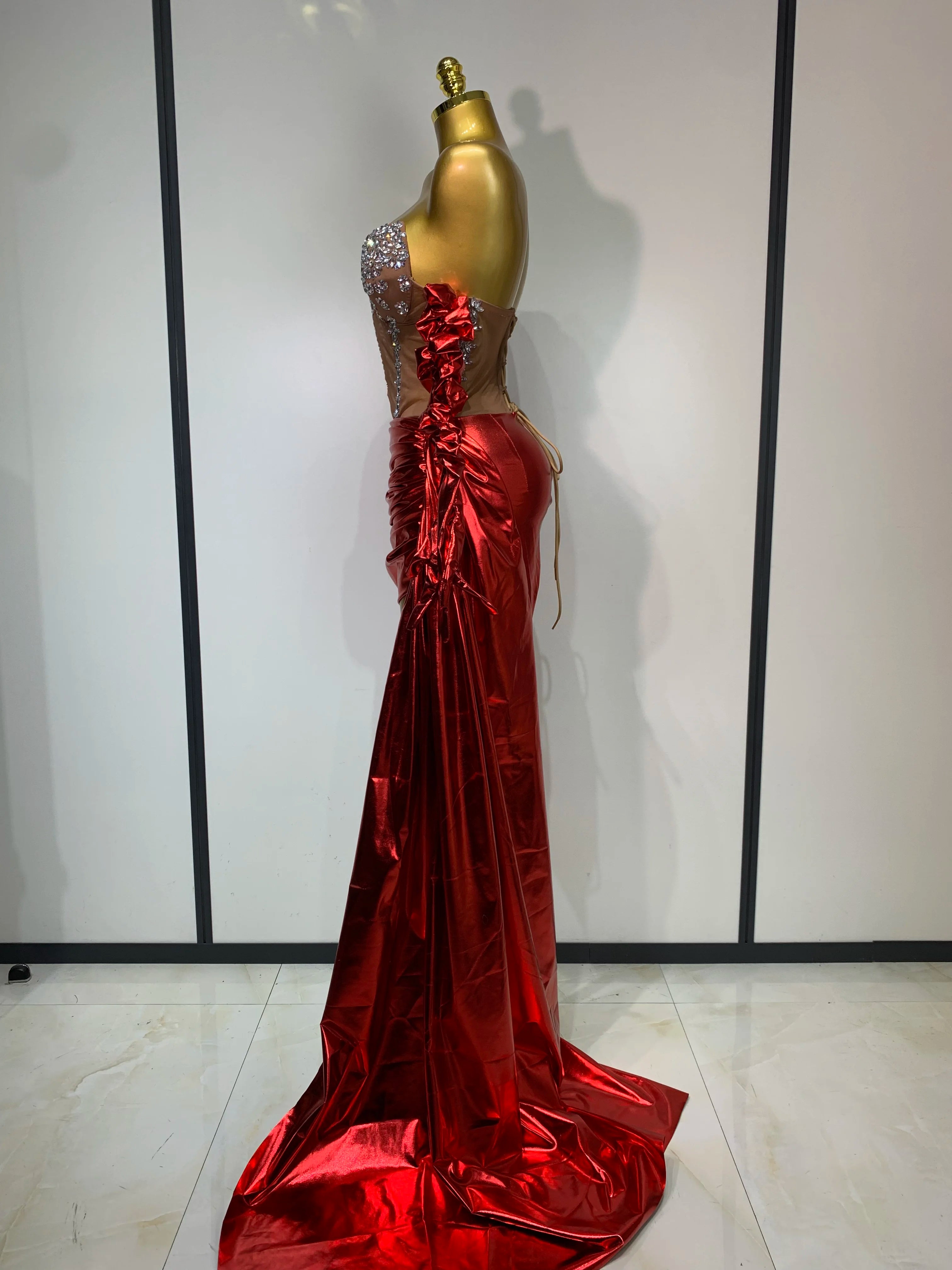 Sparkly Diamonds Sexy Mesh See Through Mini Dress Glove Women Celebrate Party Luxury Birthday Nightclub Perform Stage Outfit