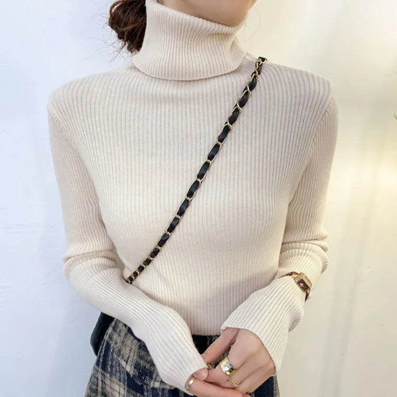 Winter Turtleneck Women's Sweater Knitted Pullover Soft Slim Long Sleeve Top Solid Color Basic High Neck Jumper Woman Clothing apricot-High neck One Size(40-65kg)