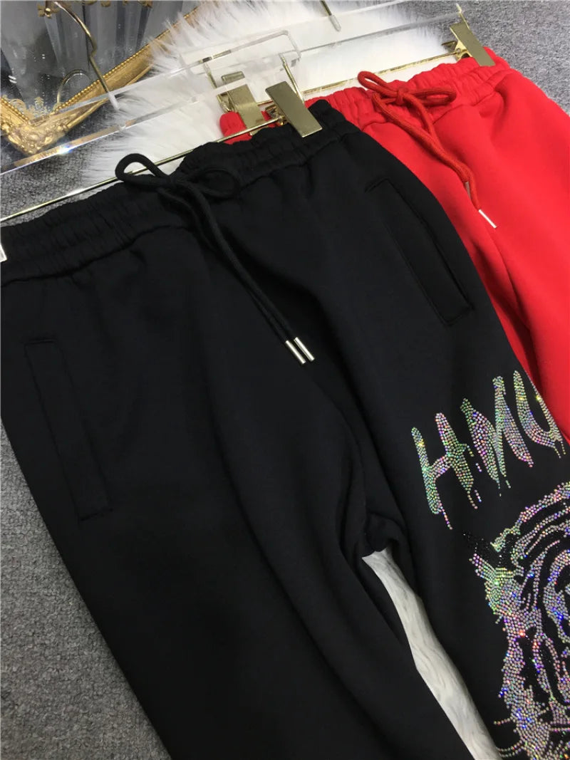 4XL Plus Size Luxury Brand Thick Rhinestone Tiger Pant Women Autumn 150 KG Casual Large Size Trousers Ladies Streetwear Winter