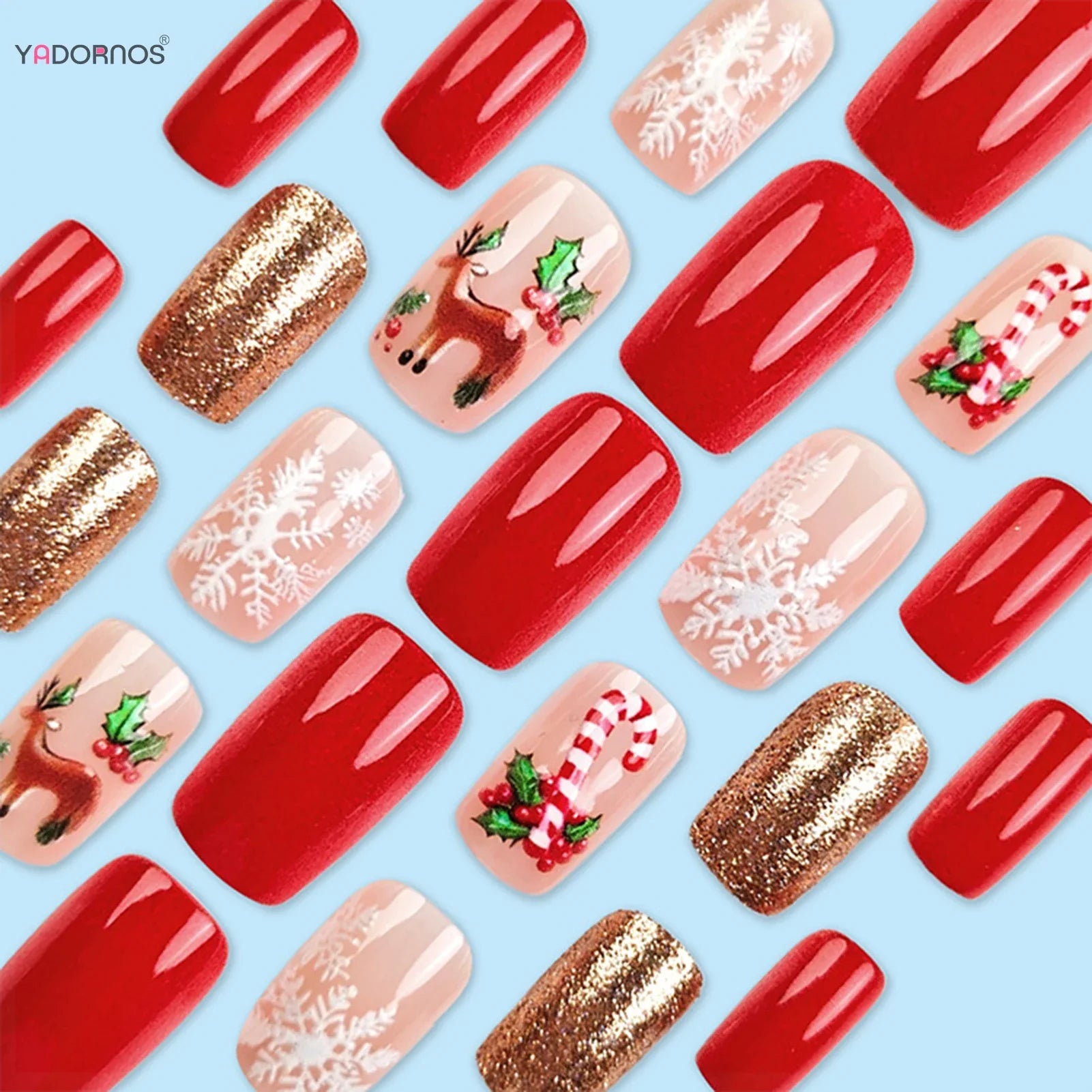 New Year Party Fake Nails Art 24Pcs Red Short Square Press On Nails Deer/Snowflake Printed Christmas False Nails Patches