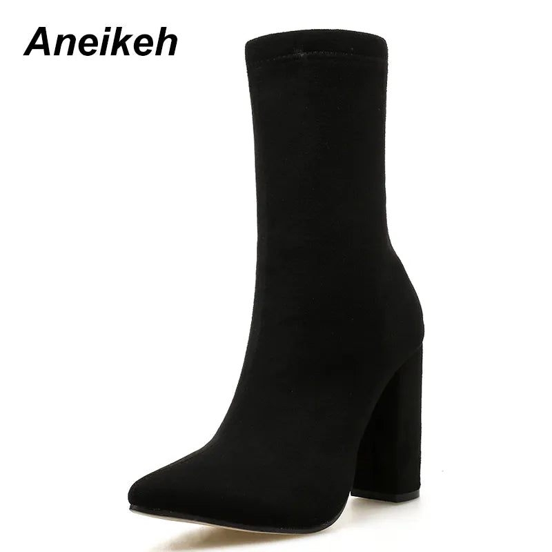 Black Faux Suede Square Heels Mid-Calf Women Pumps Boots Spring Fashion Pointed Toe ZIP Sexy Solid Party Size 35-42