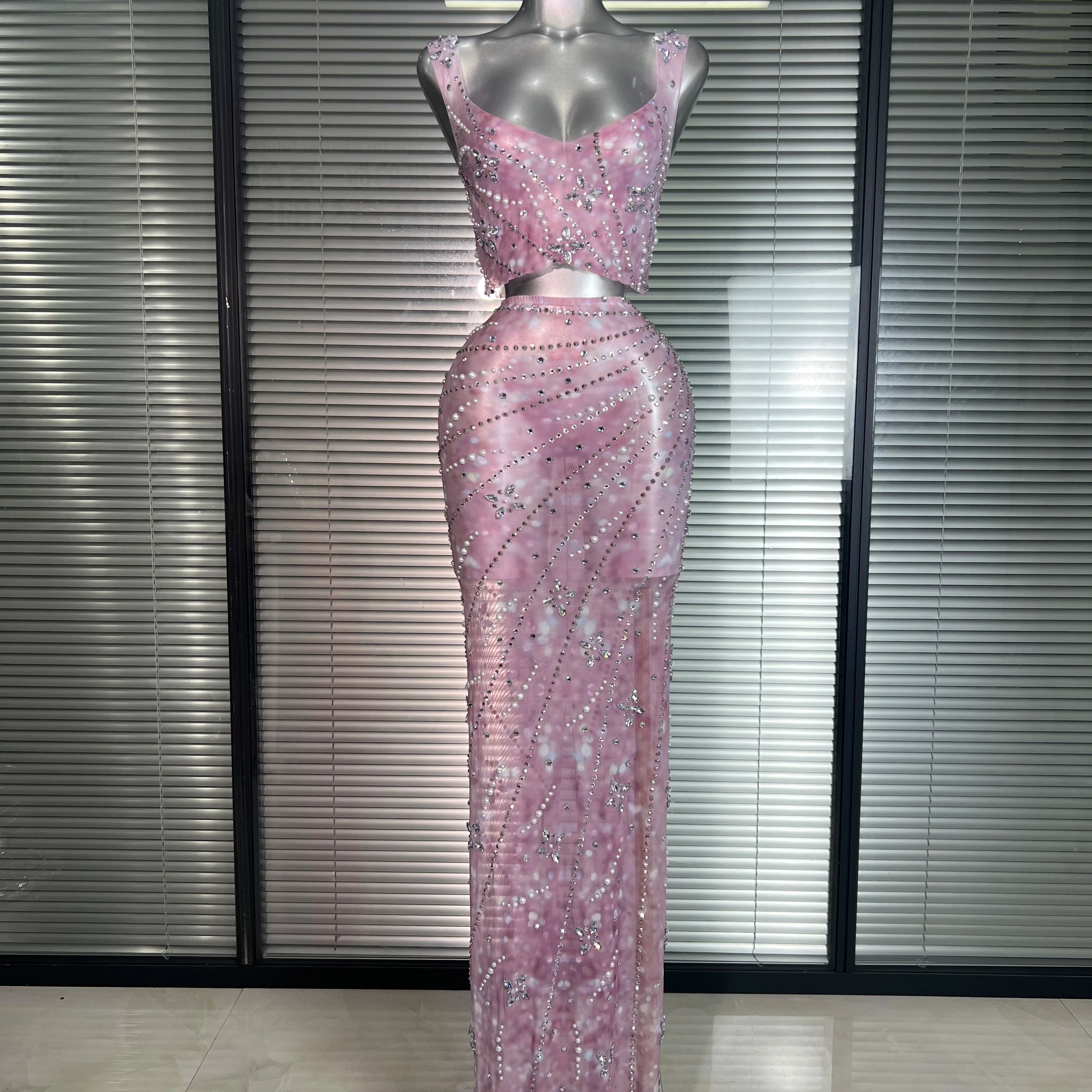 New Sexy Pink Two Pieces Set Women Celebrity Crystal Night Club Skirt Suits Singer Dancer Stretched Printed Stage Costume