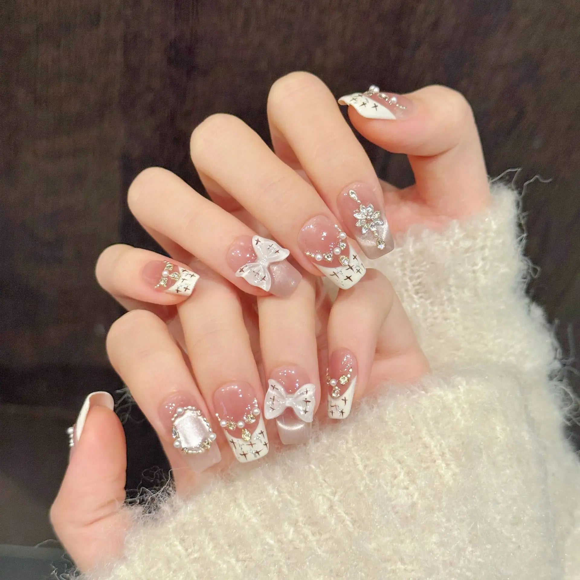 10Pcs Handmade Short Ballet Lovely Cat Eye Designs Nail Stickers with Rhinestone Sweet Manicure Wearing Acrylic Nails for Girls
