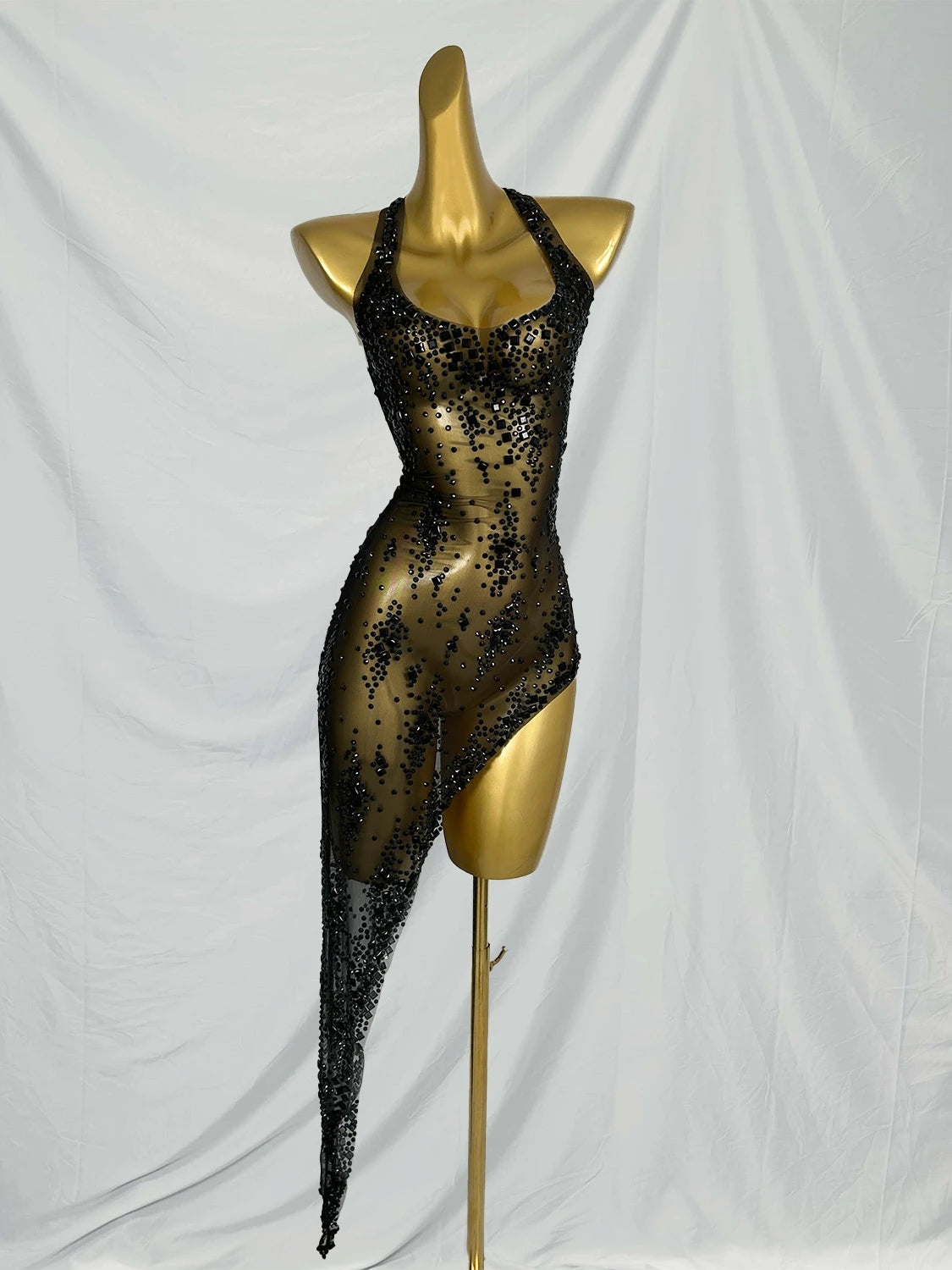 Nightclub Mini Dress Singer Stage Performance Wear Bar Party Asymmetrical Dress Sparkly Rhinestones Sleeveless Mesh Dress Xinghe