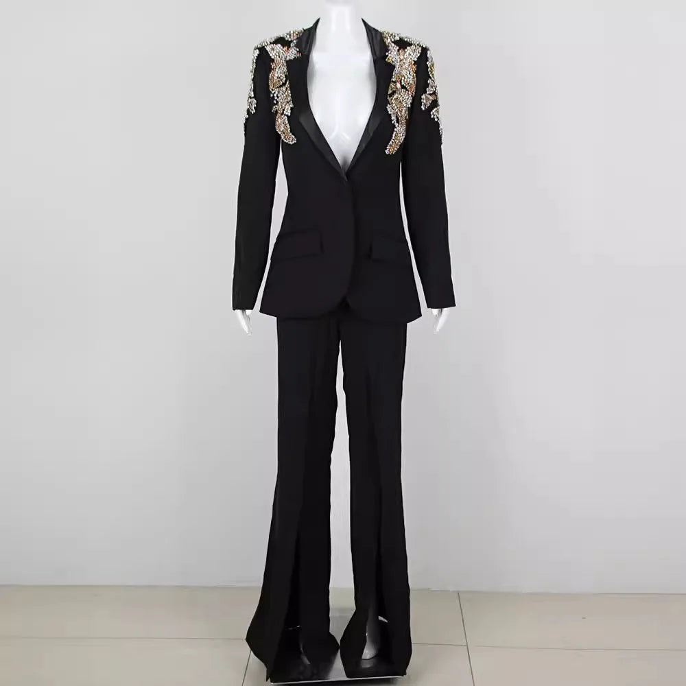 TWOTWINSTYLE Slimming Two Piece Sets for Women V Neck Long Sleeves Spliced Appliques Top High Waist Wide Leg Pant Set Female New