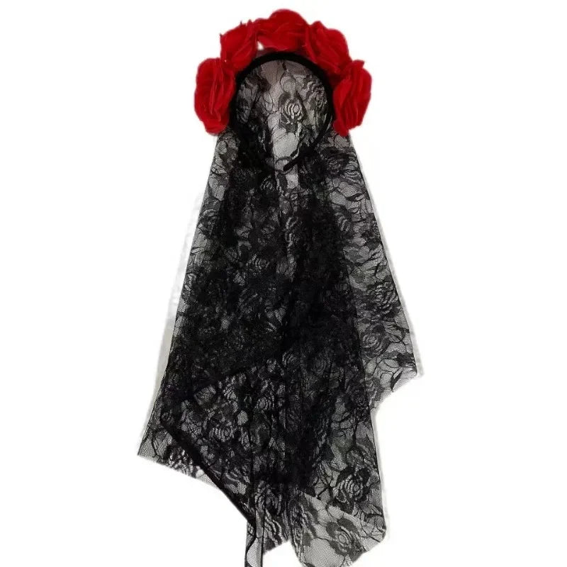 1PCS Black Veil Halloween Rose Flower Headband Costume Cosplay Wedding Mexican Rose Flower Crown Headband Day of The Dead Party A One Size