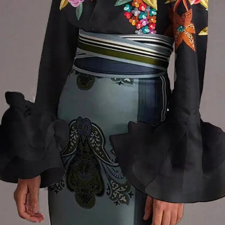 Modigirl New Autumn Vintage Blouses Women's Flared Sleeves Blouse Urban Flower Printed Elegant Shirts Tops for Woman