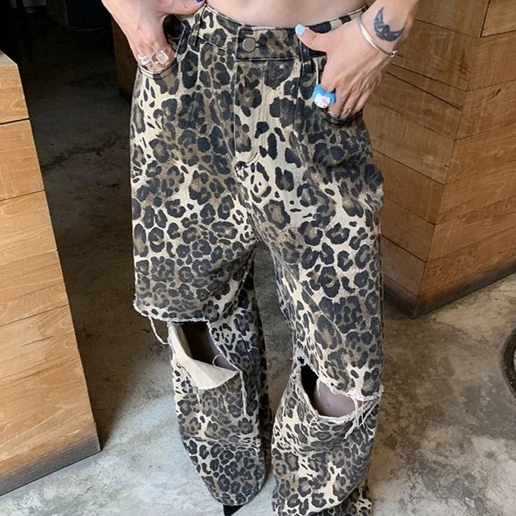 Ripped Hole Baggy Jeans for Women Wide Leg Denim Pants Leopard Print Fashion Streetwear Pants Oversized Straight Pants