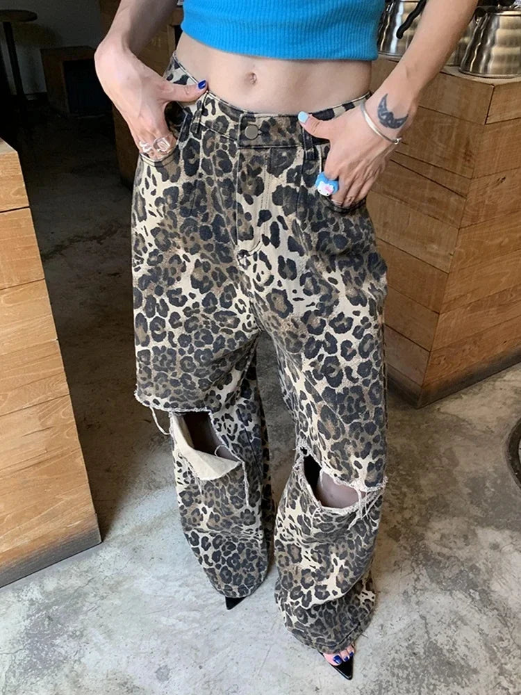 Ripped Hole Baggy Jeans for Women Wide Leg Denim Pants Leopard Print Fashion Streetwear Pants Oversized Straight Pants