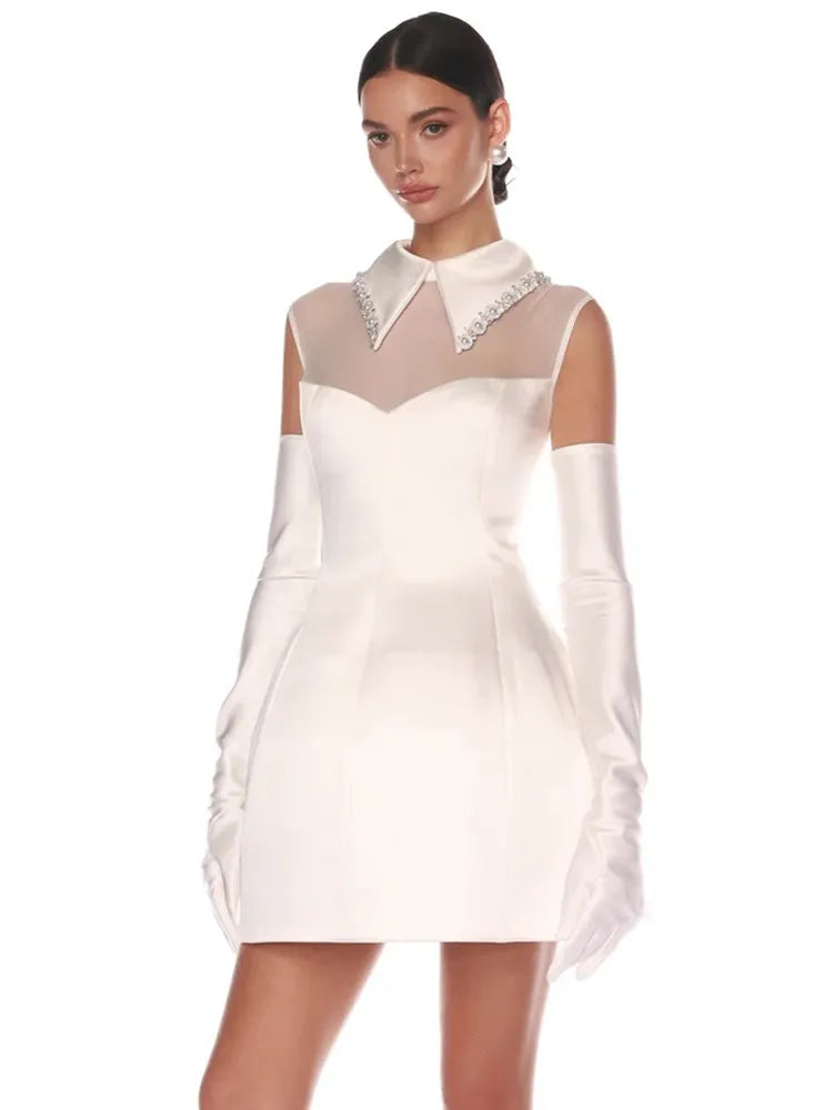 Vestido curto branco de luxo para mulheres, celebridade, sexy, com pérolas e diamantes, linha A, justo, elegante, para festa à noite