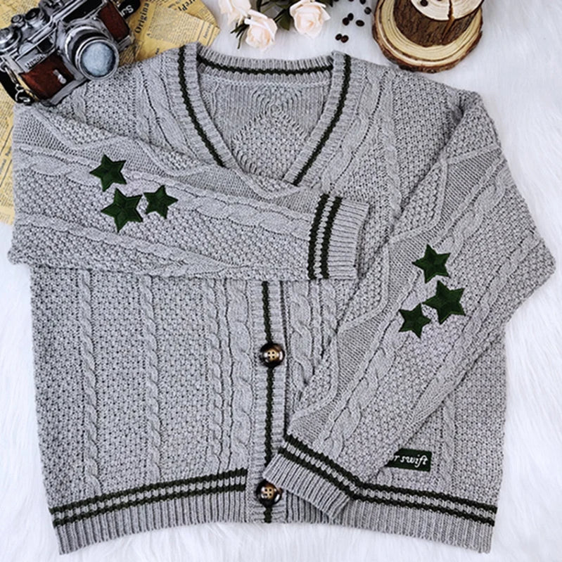 Winter Loose Cardigans Women Star Embroidered Tay Vintage Y2K Streetwear Single Breasted Long Sleeve Top Swift Knitted Sweaters GRAY