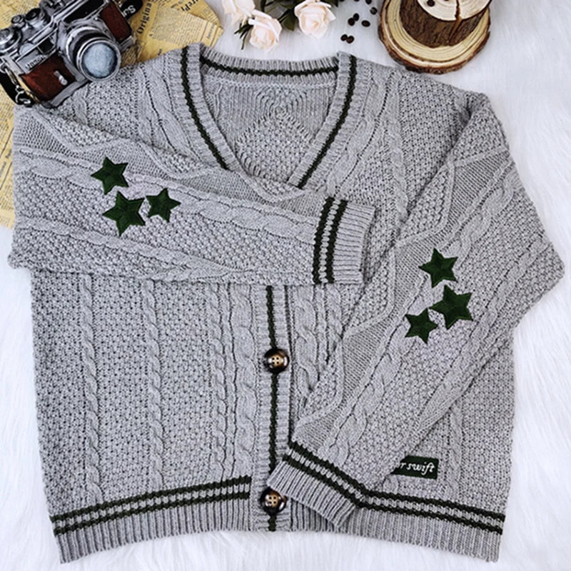Winter Loose Cardigans Women Star Embroidered Tay Vintage Y2K Streetwear Single Breasted Long Sleeve Top Swift Knitted Sweaters GRAY