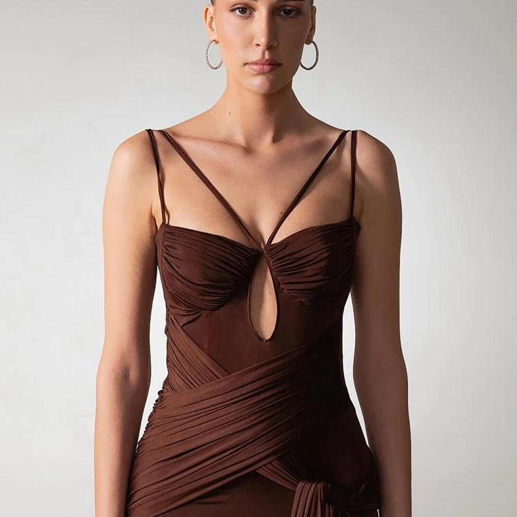 VC Chocolate Brown Strappy Sleeveless Draped Dress with High Slit & Cutout Detail for Formal Dinner Party Gown