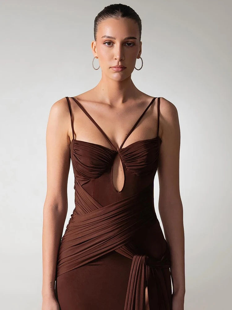 VC Chocolate Brown Strappy Sleeveless Draped Dress with High Slit & Cutout Detail for Formal Dinner Party Gown
