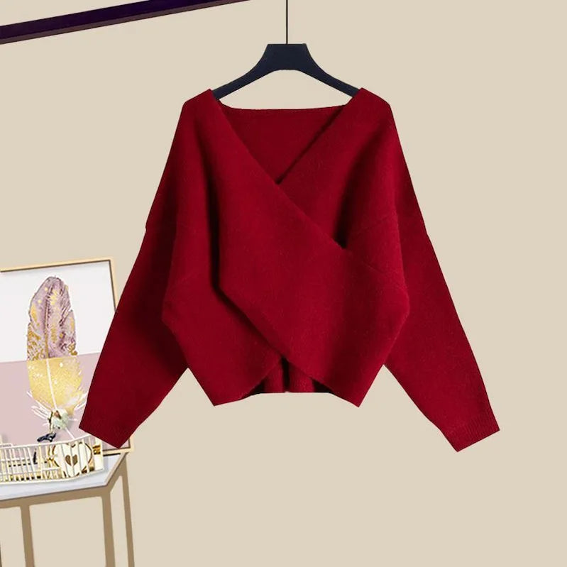 Autumn and Winter Set Women's New Korean Version Slim Cross Sweater Strap Fishtail Skirt Two Piece Set Fashion Red sweater
