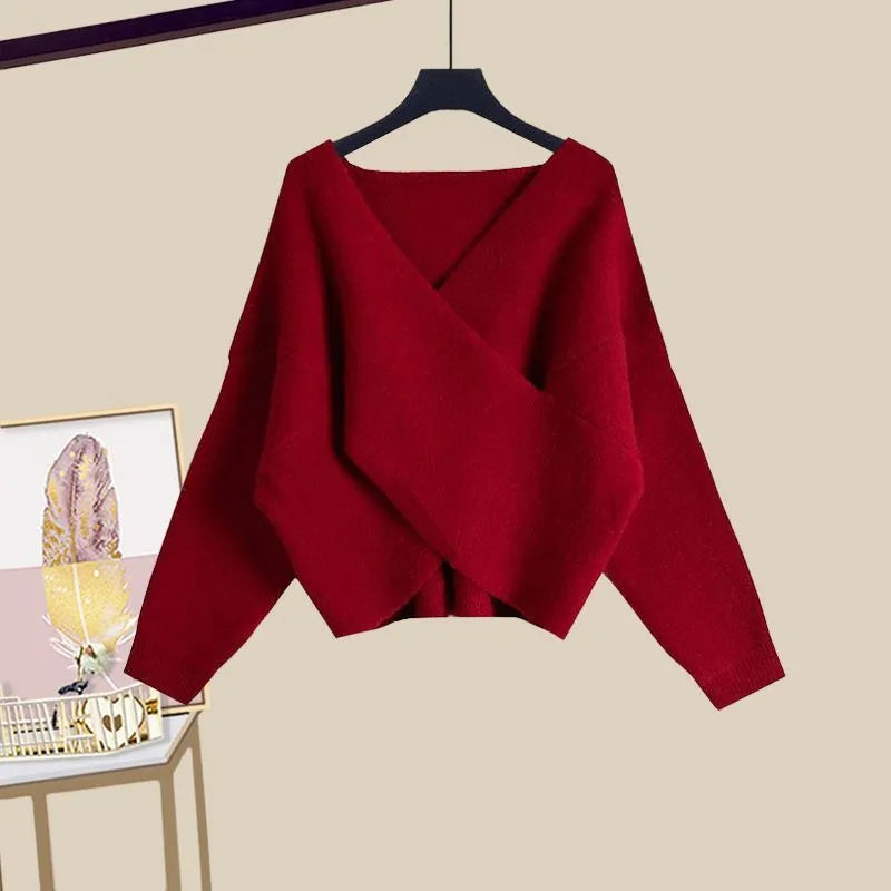 Autumn and Winter Set Women's New Korean Version Slim Cross Sweater Strap Fishtail Skirt Two Piece Set Fashion Red sweater