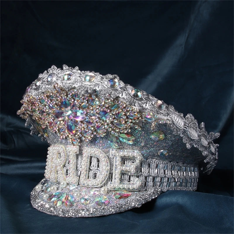 Rhinestones Bridal Hat for Wedding Glittering Fedora Sequin Hat Novelty-Party Hat Holiday Captain Hat for Bridal Shower