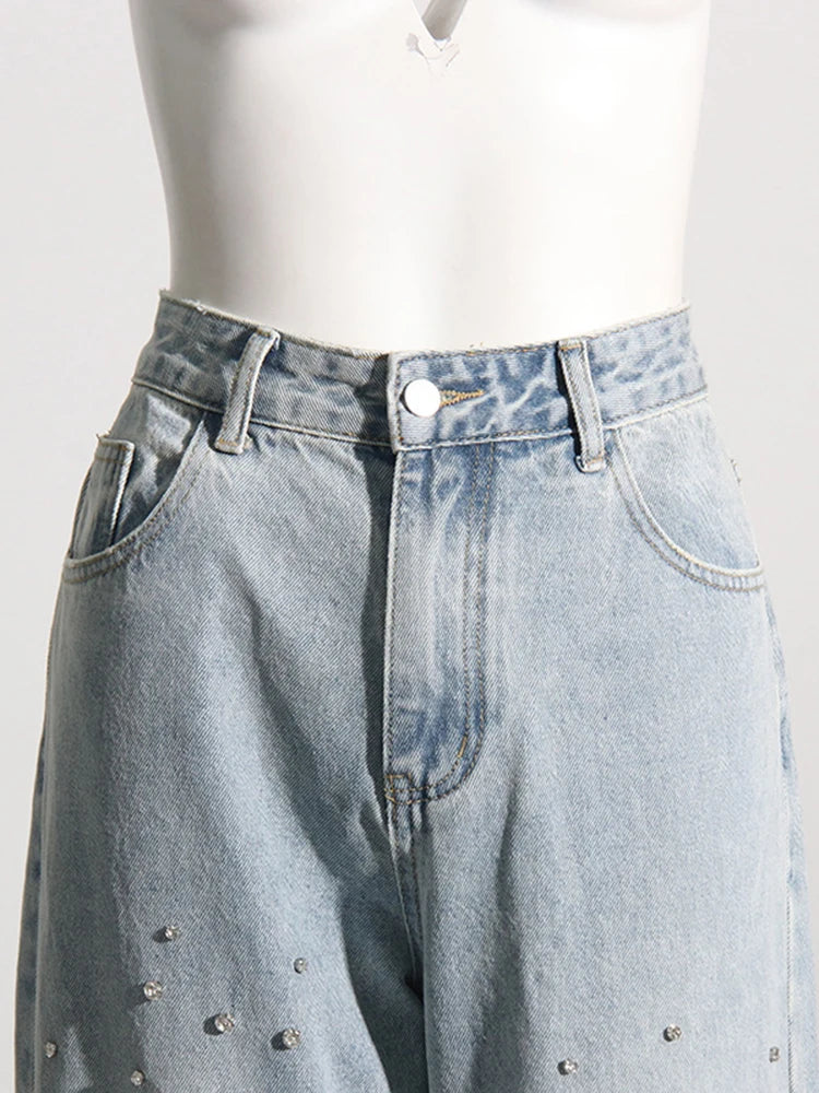 Patchwork Diamonds Casual Denim Trousers For Women High Waist Spliced Button Solid Loose Straight Jeans Female Fashion