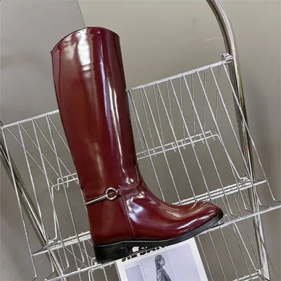 Botas femininas de cano alto, bico redondo, salto baixo, sexy, sem cadarço, para motocicleta, outono e inverno